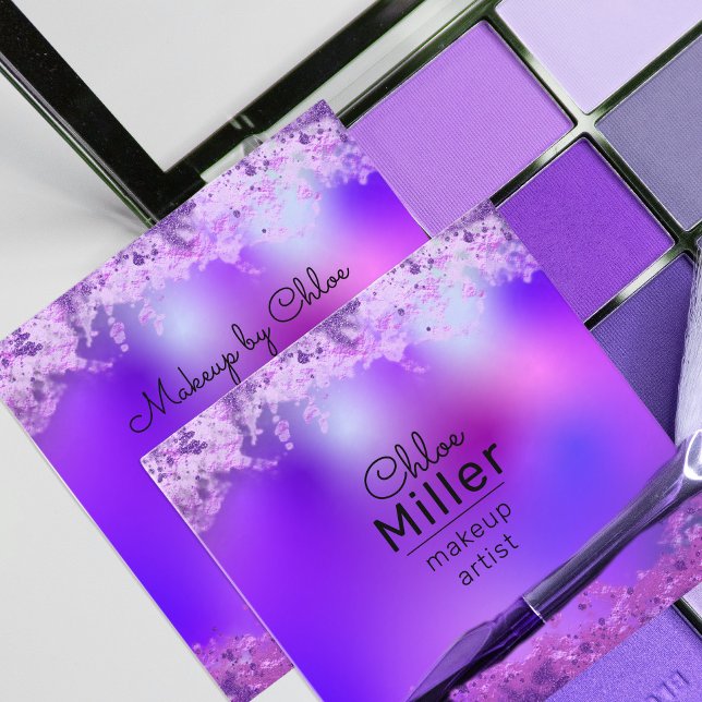 Carte De Visite Carré Violet Purple Glittery Foil Artiste de maquillage  (Créateur téléchargé)