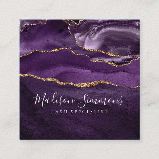 Carte De Visite Carré Violet violet or Agate Géode Monogramme Script (Devant)