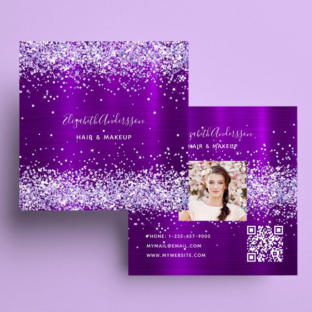 Carte De Visite Carré Violet violet parties scintillant photo code qr (Créateur téléchargé)