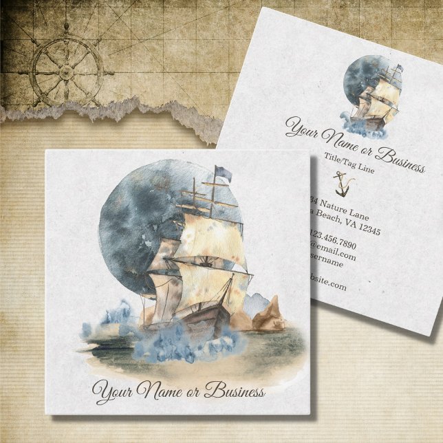 Carte De Visite Carré Voilier nautique et Pleine lune (Créateur téléchargé)