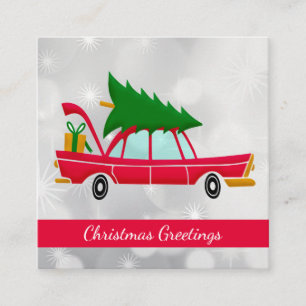 Carte De Visite Carré Voiture rouge rétro portant un arbre de Noël
