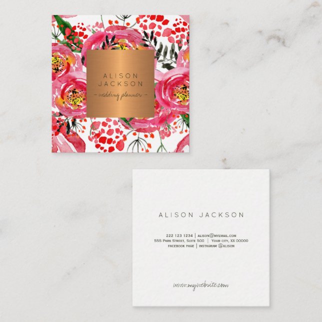 Carte De Visite Carré Wedding planner d'or en cuivre de pivoines (Devant / Derrière)