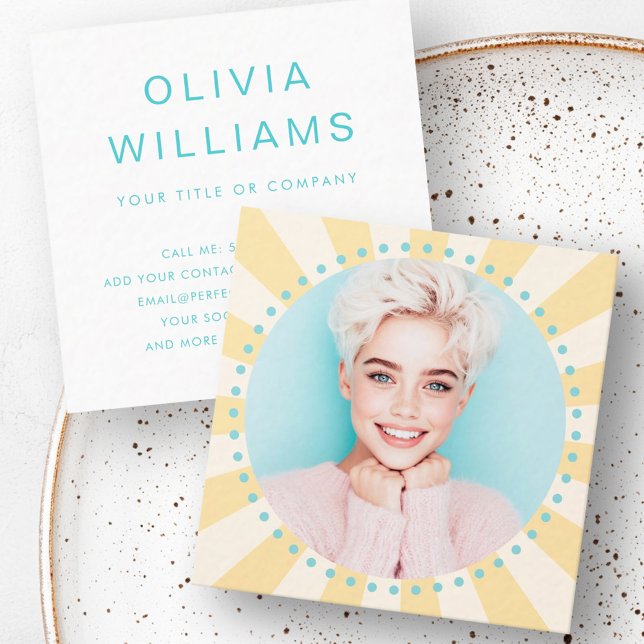 Carte De Visite Carré Yellow sunburst aqua bleu points tendance photo fr (Yellow sunburst aqua blue dots trendy fresh photo square business card)