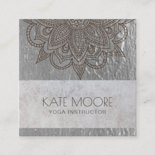 Carte De Visite Carré Yoga argenté métallique de mandala