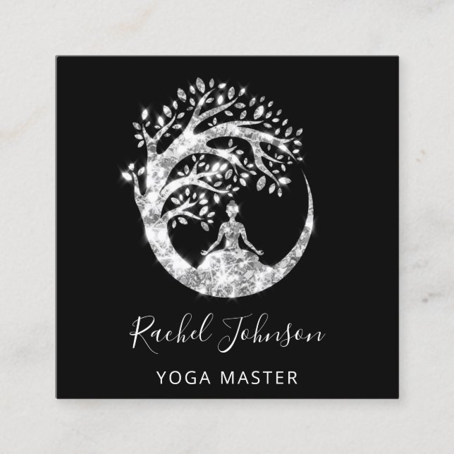 Carte De Visite Carré Yoga Classes École Logo Instructeur QR Spark Grey (Devant)