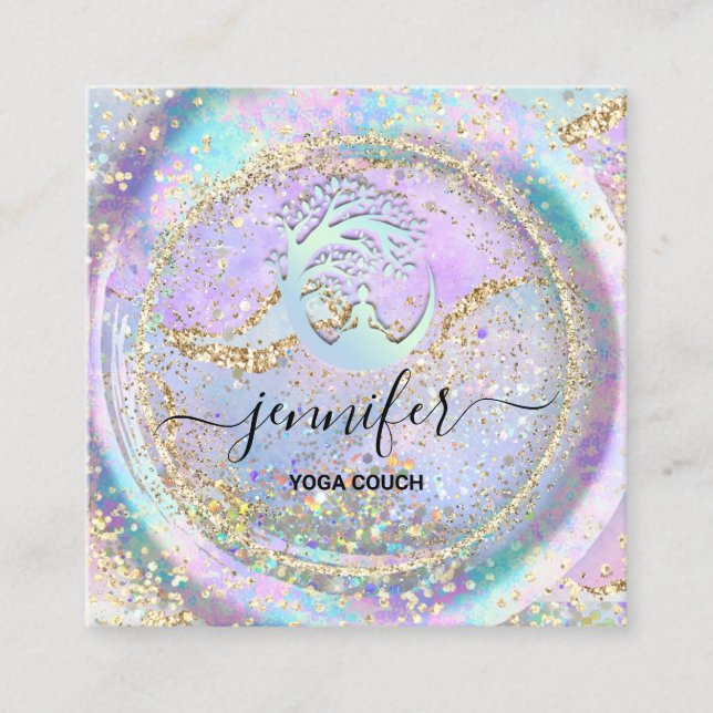 Carte De Visite Carré Yoga Couch Therapist Logo QR Code Holographe Or (Devant)