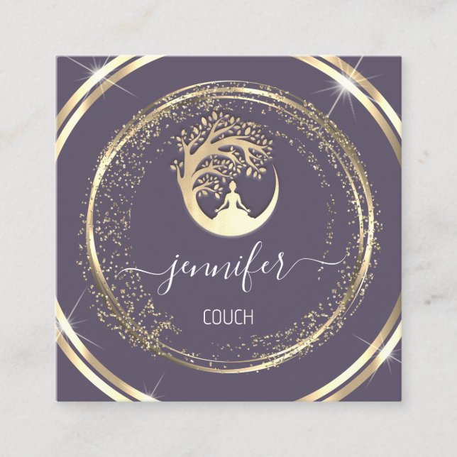 Carte De Visite Carré Yoga Couch Thérapiste Mindfult QR Gold Purple (Devant)