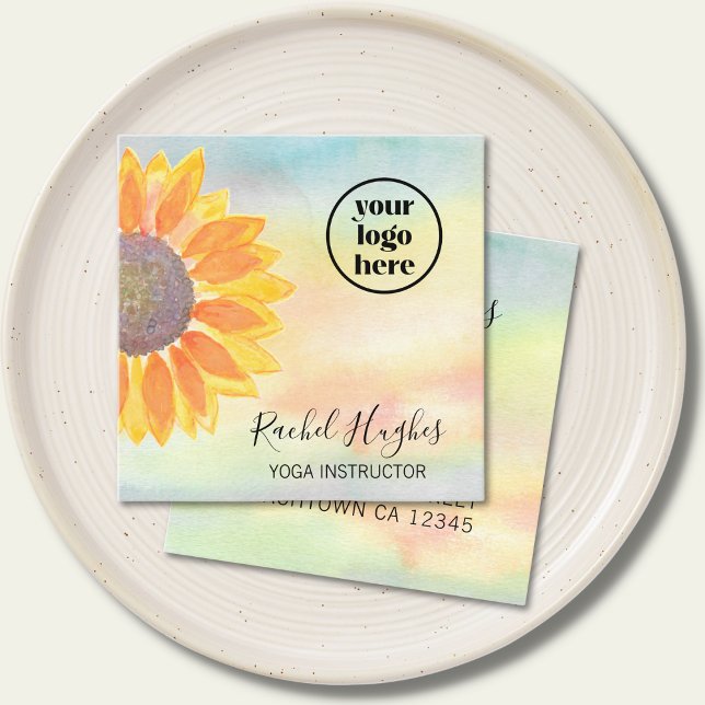 Carte De Visite Carré Yoga Instructeur Logo Tournesol Aquarelle (Créateur téléchargé)