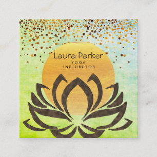 Carte De Visite Carré Yoga Instructeur Lotus Fleur Vert Aquarelle