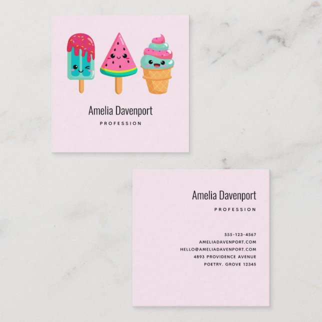 Carte De Visite Carré Yummy Ice Cream Trio Vibe été (Devant / Derrière)