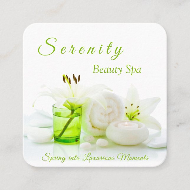 Carte De Visite Carré Zen Rocks & Lilly Flower Green & White Beauty Spa (Devant)