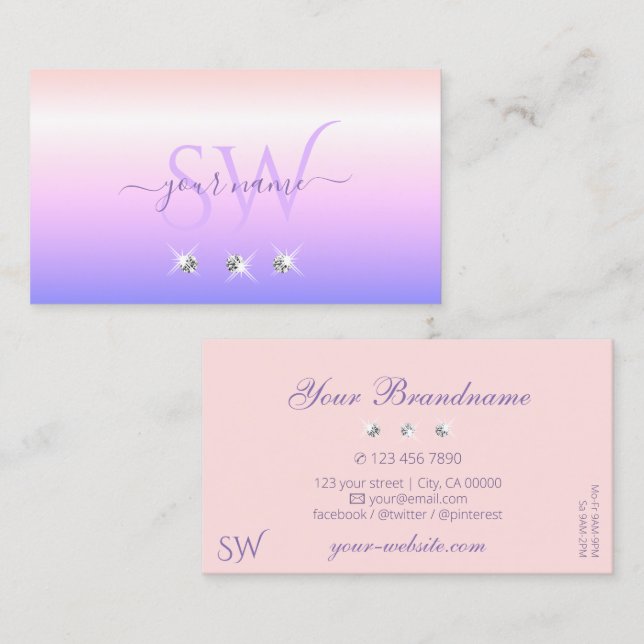 Carte De Visite Carreau étincelant Pastel bleu rose Ombre Initiale (Devant / Derrière)