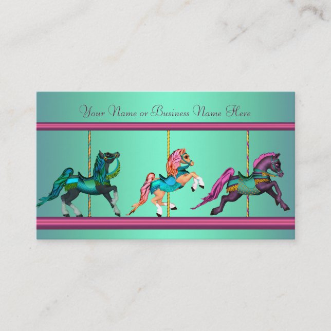 Carte De Visite Carrousel bleu turquoise pourpre Chevaux peints (Devant)