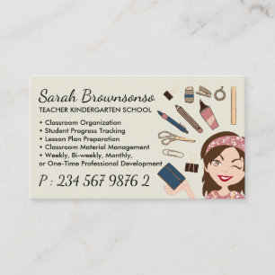 Carte De Visite Cartoon beige Lady Fournitures de l'école enseigna
