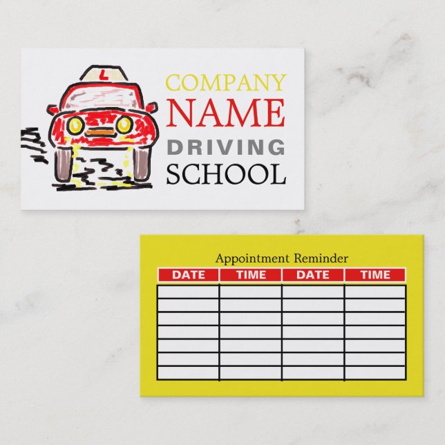 Carte De Visite Cartoon Car, École de conduite / Nomination d'inst (Devant / Derrière)