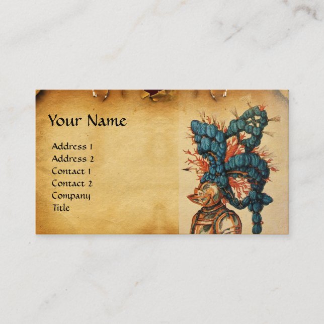 CARTE DE VISITE CASQUE DE CHEVALIER ANTIQUE AUX FEUILLES BLEU ROUG (Devant)