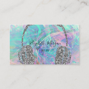 Carte De Visite Casque DJ Paillettes Argent Opale Élégant