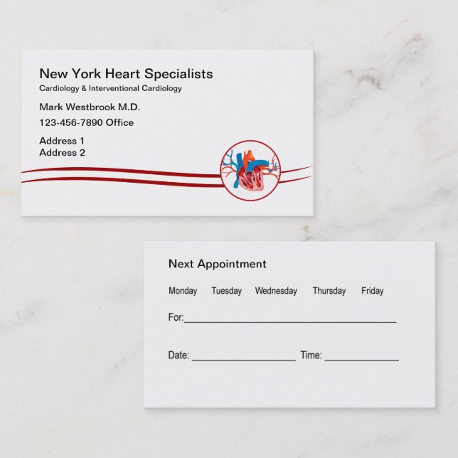 Carte De Visite Centre Médicale de rendez-vous des cardiologues (Devant / Derrière)