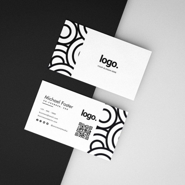 Carte De Visite Cercle professionnel noir blanc minimaliste QR Cod (Créateur téléchargé)