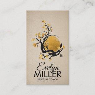 Carte De Visite Cercle Zen Enso, soleil d'or et fleurs Sakura