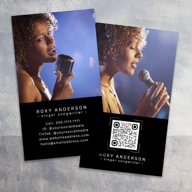 Carte De Visite Chanteur musicien moderne noir QR Code (Créateur téléchargé)