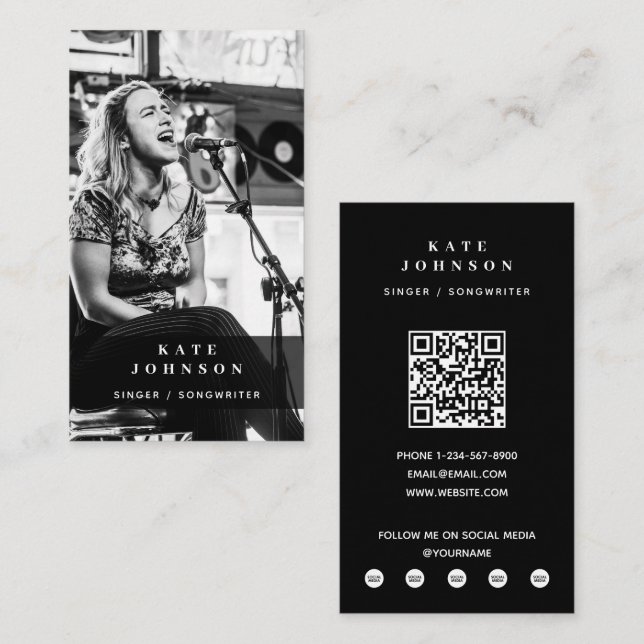 Carte De Visite Chanteur musicien photo noir & blanc moderne (Devant / Derrière)