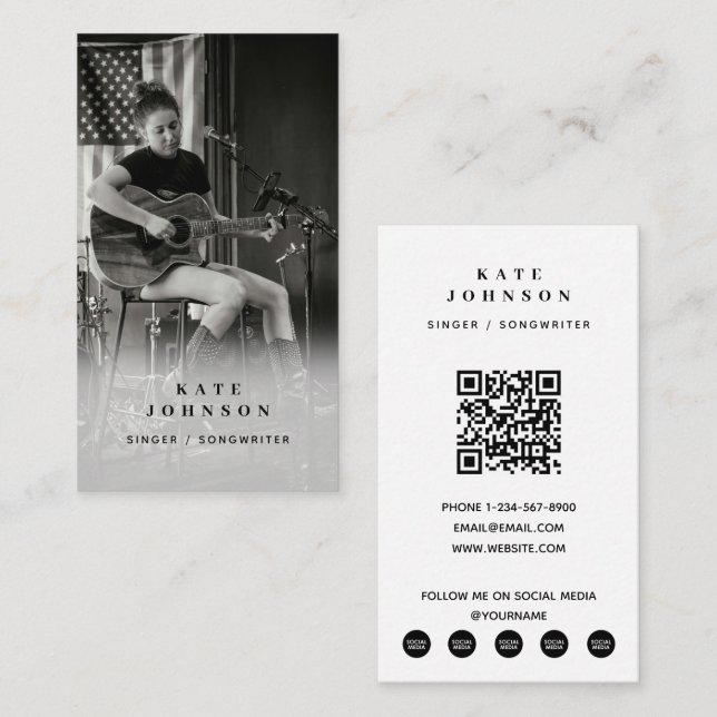 Carte De Visite Chanteur musicien photo noir et blanc QR Code (Devant / Derrière)