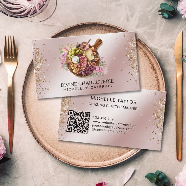 Carte De Visite Charcuterie Professionnelle Planche à pâturage (ROUND GRAZING ROSE GOLD BACKGROUND)