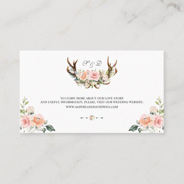 Carte De Visite Charme rose Blush Floral Antlers Mariage Site (Devant)