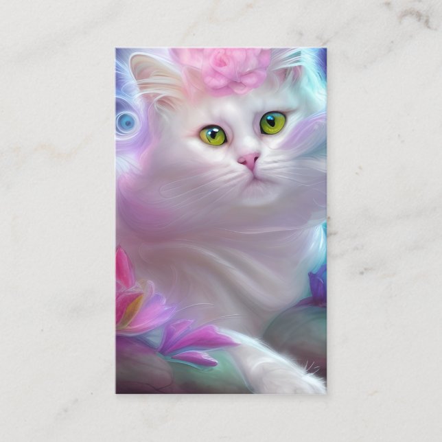 Carte De Visite Chat à bouffée blanche sur un arc-en-ciel (Devant)
