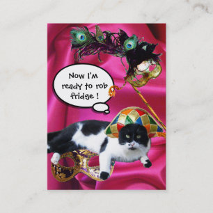 CARTE DE VISITE CHAT AVEC CASQUETTE HARLEQUIN ET MASQUERADE DE FÊT