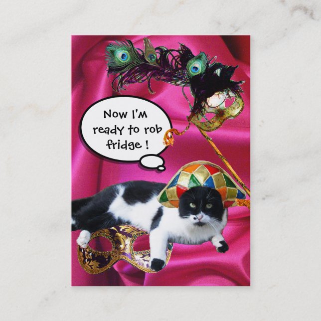 CARTE DE VISITE CHAT AVEC CASQUETTE HARLEQUIN ET MASQUERADE DE FÊT (Devant)