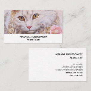 Carte De Visite Chat blanc élégant en or et diamants