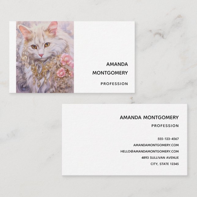Carte De Visite Chat blanc élégant en or et diamants (Devant / Derrière)