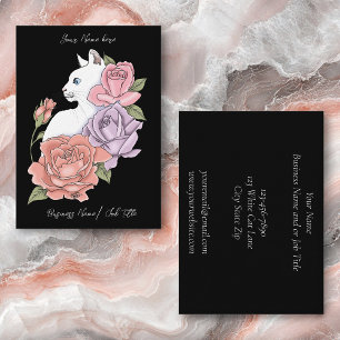Carte De Visite Chat Blanc Pastel Floral Noir Botanique Romantique