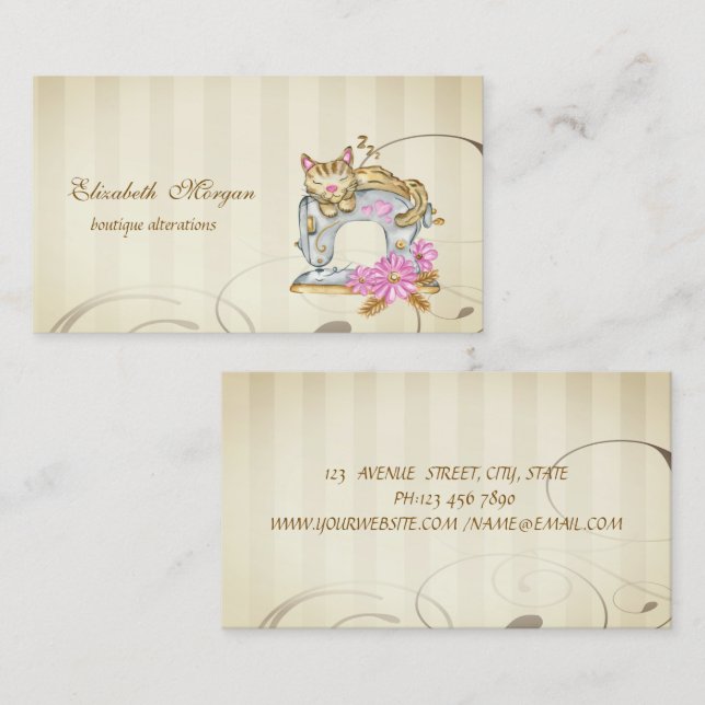 Carte De Visite Chat de la machine à coudre florale (Devant / Derrière)