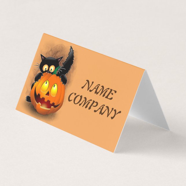Carte De Visite Chat Fun Halloween Caractère mordant un Citrouille (Devant)
