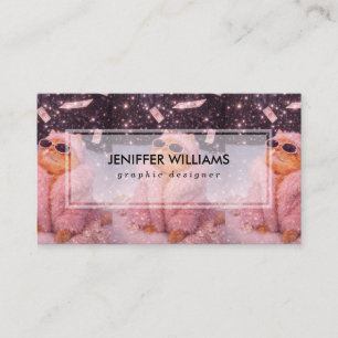 Carte De Visite Chat Glam Money en manteau de fourrure rose et lun