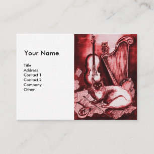 Carte De Visite CHAT MUSICAL, lin rouge et blanc