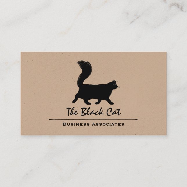 Carte De Visite Chat noir à pied avec longue queue de bouffée (Devant)