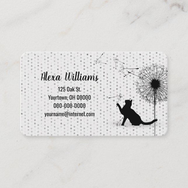 Carte De Visite Chat noir avec Dandelion sur des points gris (Devant)