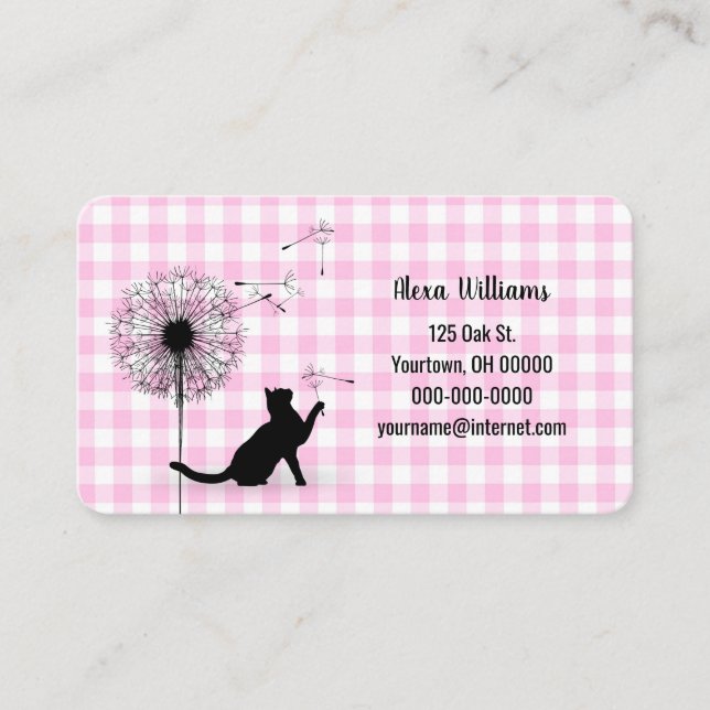 Carte De Visite Chat Noir Avec Dandelions Sur En vichy (Devant)