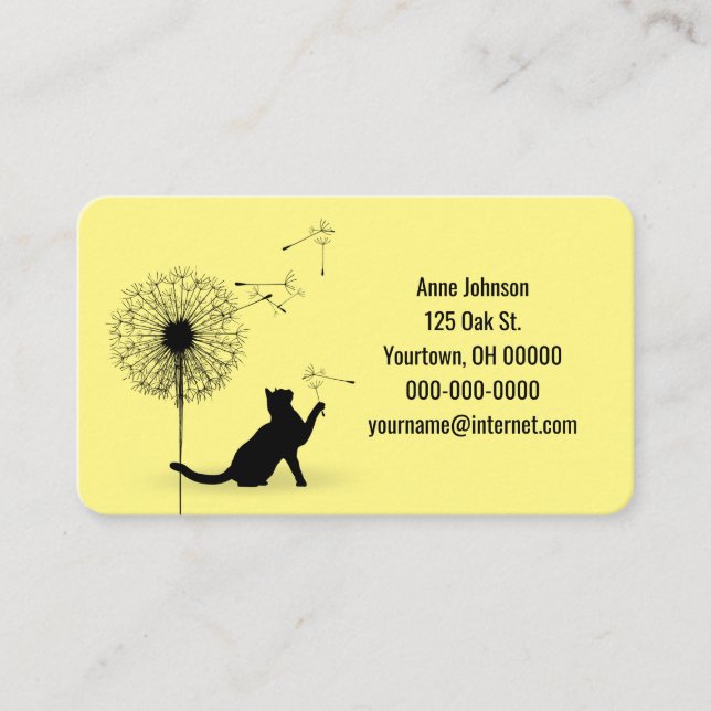 Carte De Visite Chat noir avec pissenlit jaune (Devant)