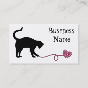 Carte De Visite Chat noir et fil en forme de coeur (rose)