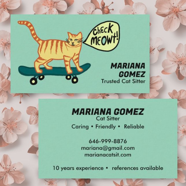 Carte De Visite Chat Sitter mange Check Meowt Kittens Chats Vis (Check meowt cute colorful funny skateboarding cat! Art drawn by me. Add your own text)