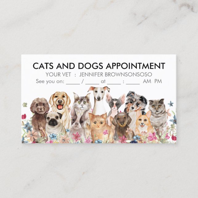 Carte De Visite Chats et chiens floraux blancs illustrés (Devant)
