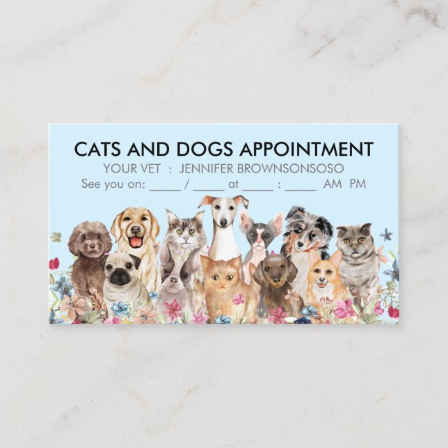 Carte De Visite Chats et Chiens Floraux bleus illustrés (Devant)