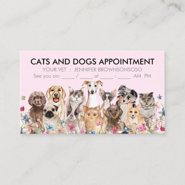 Carte De Visite Chats et chiens floraux roses illustrés (Devant)