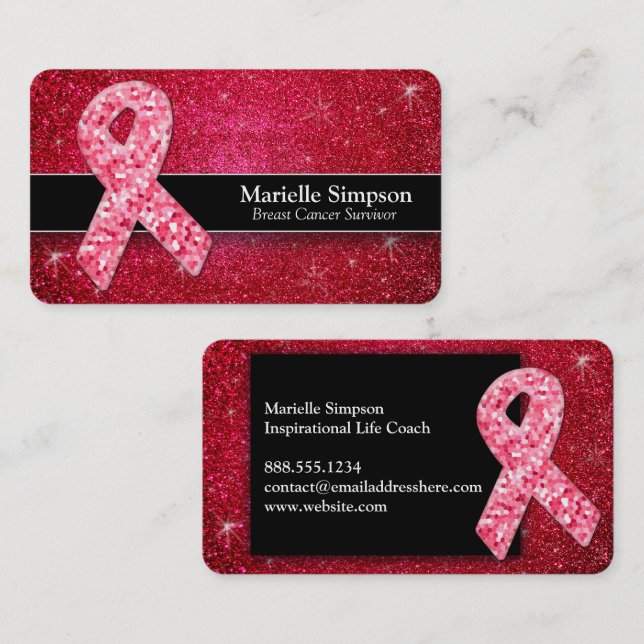Carte De Visite Chaud rose Parties scintillant Cancer du sein Surv (Devant / Derrière)