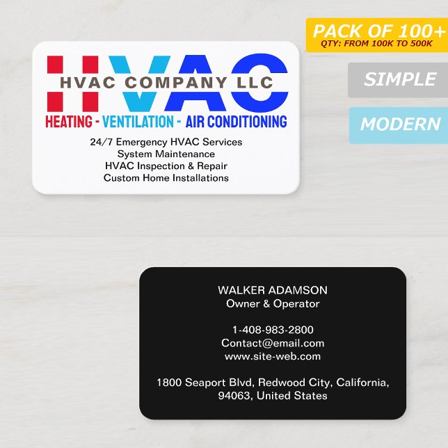 Carte De Visite Chauffage et ventilation et climatisation - HVAC (Heating, Cooling, Logo, Modern, Blue, Handyman, Technician, )